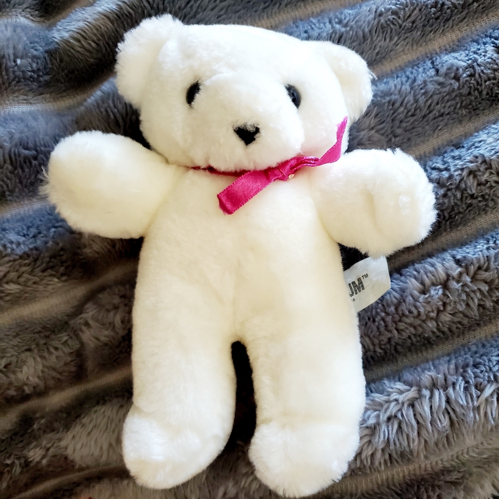 7" Vintage 1987 Embrace‎ Teddy Bear Plush Stuffed Animal White With Pink Ribbon